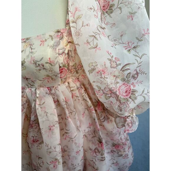 Selkie Cottagecore Fairy Puff Sleeve Bubble Pink Floral Dress Mini Small - Picture 4 of 10